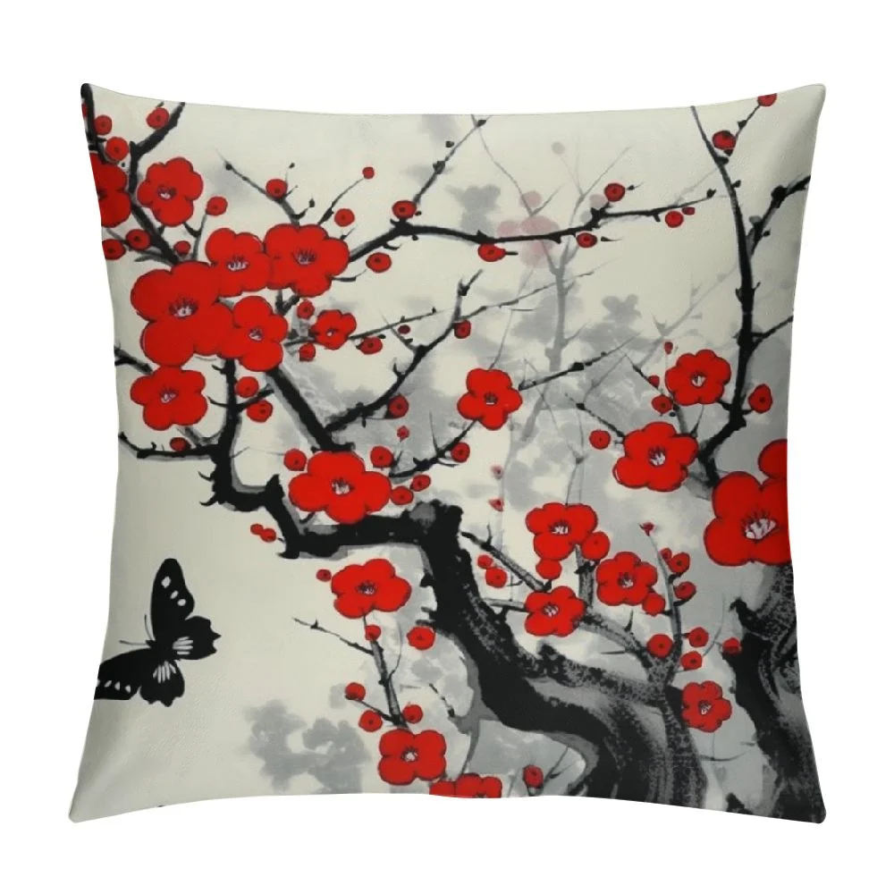 COMIO  Plum Blossom Floral Throw Pillow Cover Cases Branch Foliage Butterfly Cherry Japanese Blossom Ink China Culture Classic Outdoor Decor Pillowcase Home Square Pillow Slip