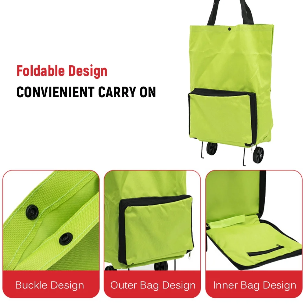 Foldable Shopping Trolley Bag with Wheels Collapsible Shopping Cart Reusable Foldable Grocery Bags Travel Bag Green