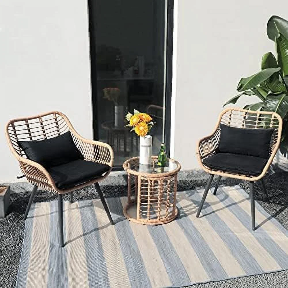 HBLUKDL 5 Piece Outdoor Wicker Conversation Set with Ottomans  Patio   with Rattan Chairs and Round  for Porch  Balcony  Poolside  Yard  Gray Cushion
