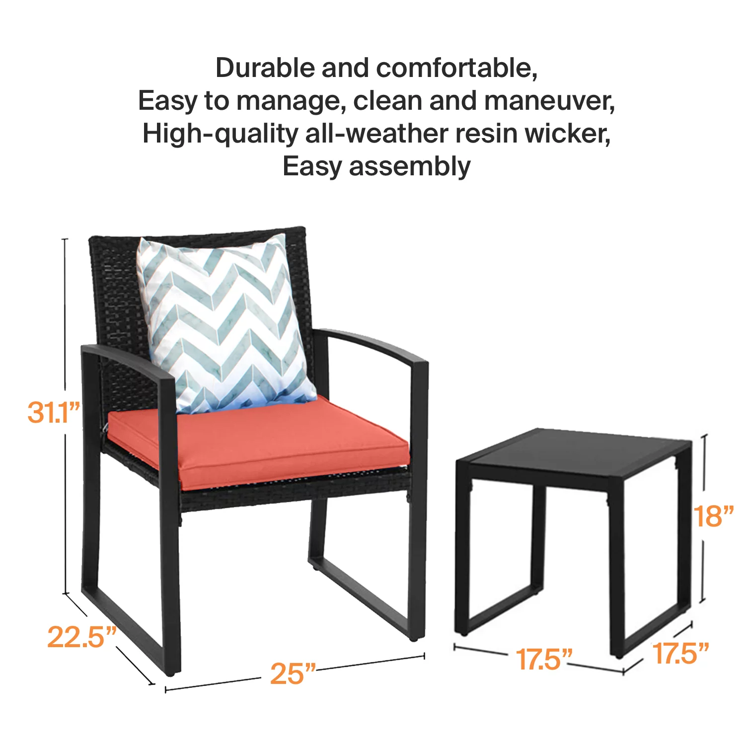 Patio Garden Balcony and Backyard3-Piece Conversation Black Wicker Furniture-Two Chairs with Glass Coffee Table Red