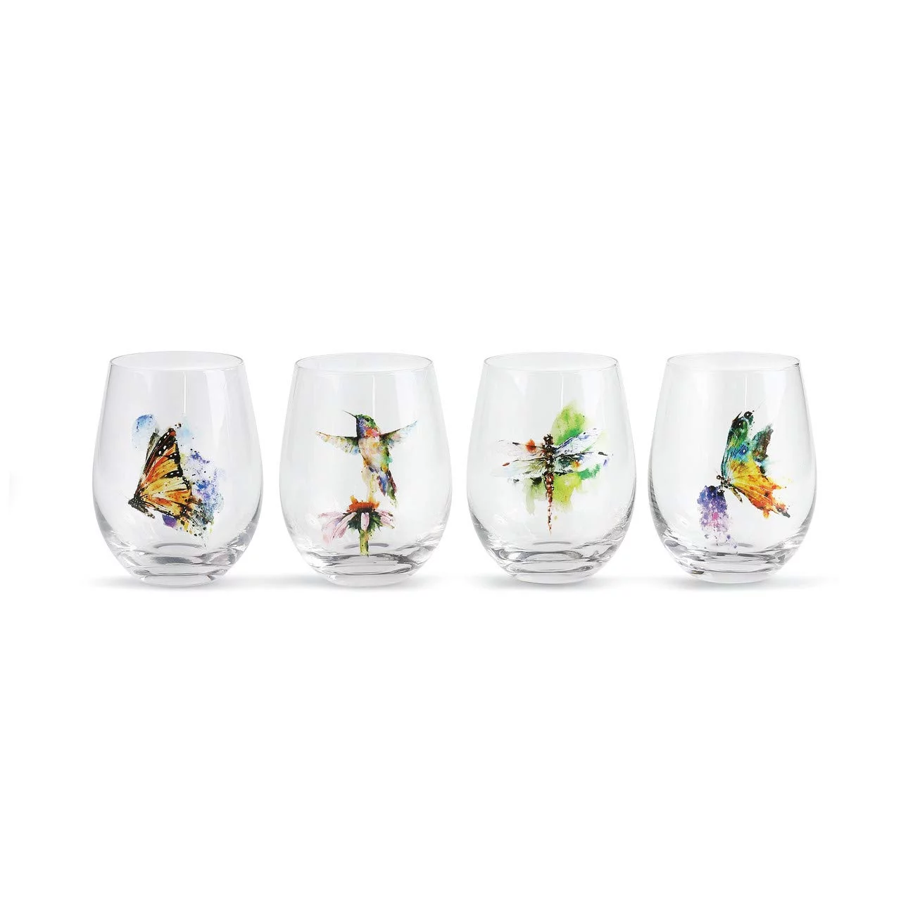 DEMDACO Dean Crouser Nature Butterfly Hummingbird Dragonfly Watercolor On Clear 5 x 4 Glass Stemless Wine Glasses Set of 4