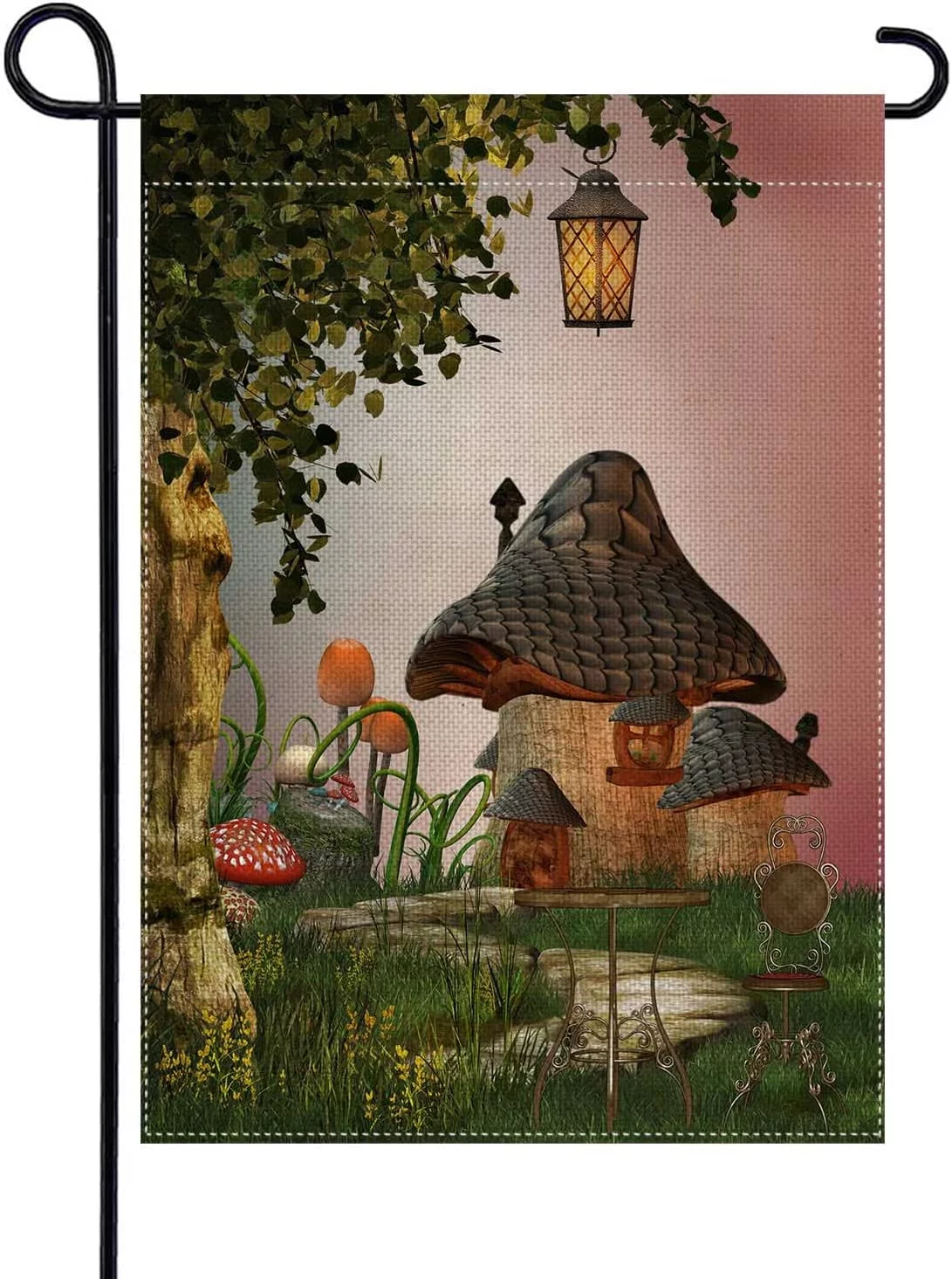 Mushroom House Garden Flags Double Sided Green Grass Fantastic Fairy Tree Light Chair Small Flags for Yard Seasonal Lawn Decorations Outdoor 30x45 cm