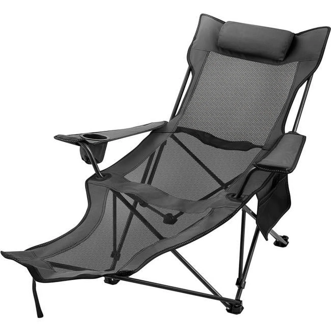 Vevor  Folding Camp Chair with Footrest Mesh, Portable Lounge Chair with Cup Holder & Storage Bag - Grey