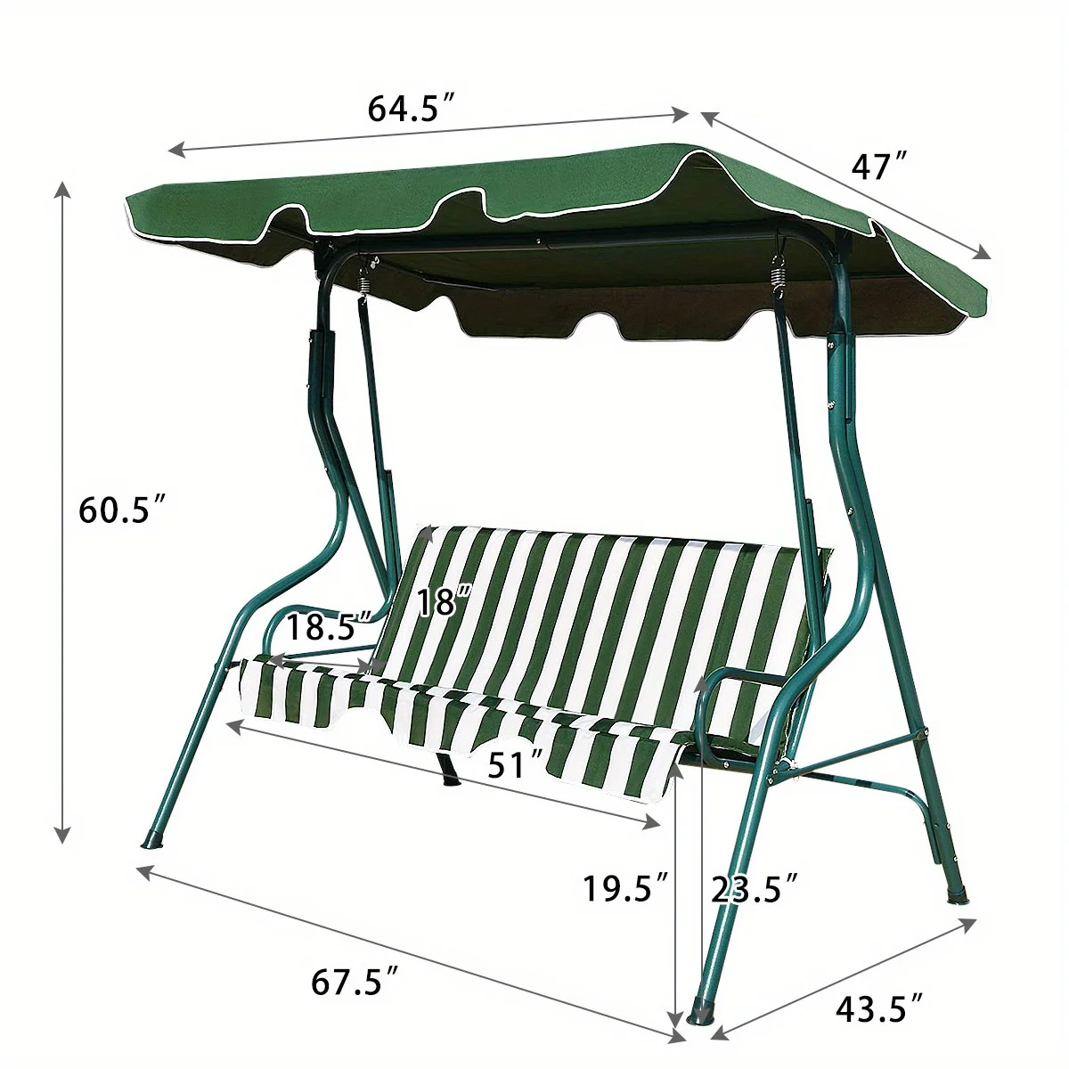 RHYFJJUI2  3 Seats Patio Canopy Steel Frame Swing Glider Hammock Cushioned Backyard Green