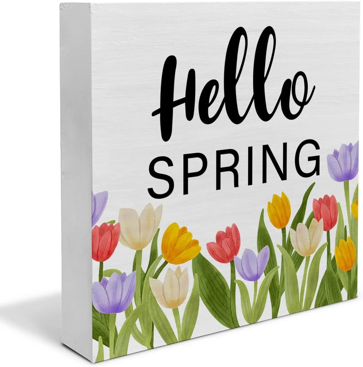 Floral Tulips Hello Spring Wooden Box Sign Farmhouse Spring Tulips Wood Box Sign Art Blocks Desk Sign Rustic for Shelf Tabletop Home Decor 6x6 Inch
