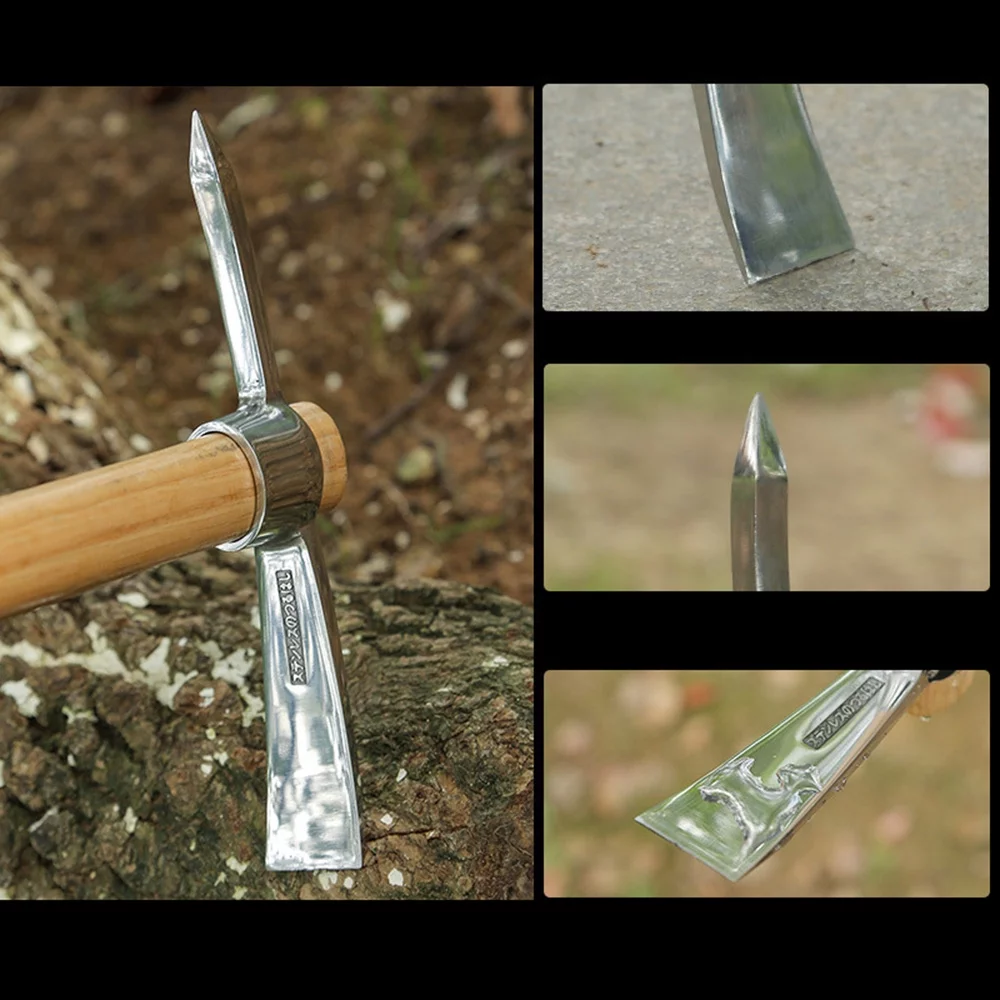 Andoer  Camping Multifunctional Pickaxe Hoe Heavy Duty Stainless Steel Pick Axe Hand Hoe with Wooden Handle