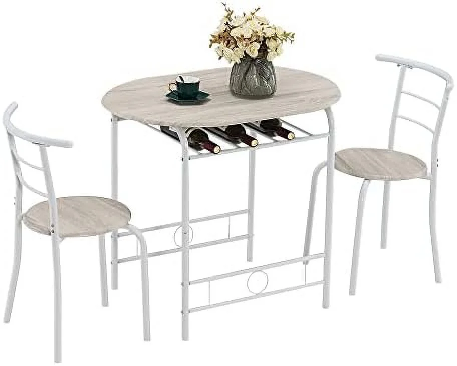 HYHBIBOOM 3-Piece Dining Table Set - Small Kitchen Breakfast Table Set - Wooden Table and 2 Chairs with Metal Frame - Compact Breakfast Nook Dining Set with Built-in Wine Rack - Space Sav