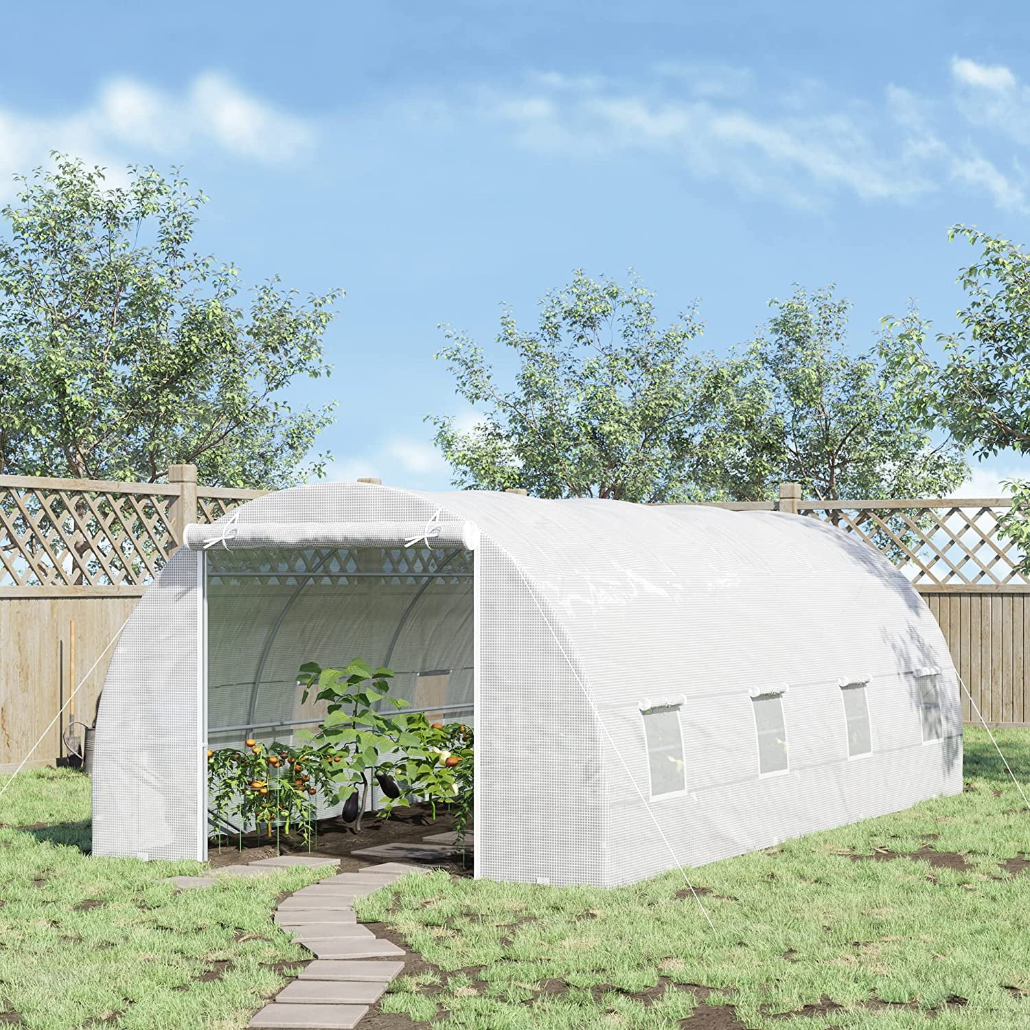 20' x 10' x 7' Walk-in Tunnel Greenhouse with Zippered Door & 8 Mesh Windows, Large Garden Green House Kit, Galvanized Steel Frame, White