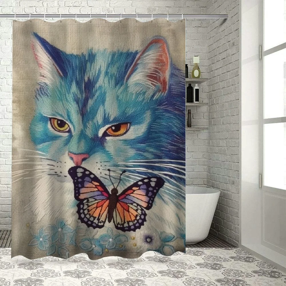 COMIO Shower Curtain for Bathroom Sleepy Cat Watercolor Butterfly Little Cute Animal Funny Lovely White