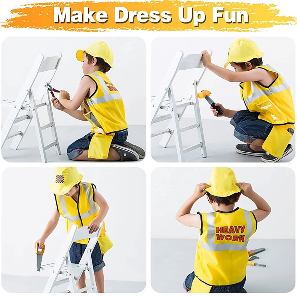 Construction Worker Costumes for Boys, Kids Builder Dress Up with Tool Set for Kids Pretend Role Play, Halloween Birthday Gift 3 4 5 6 Years Old