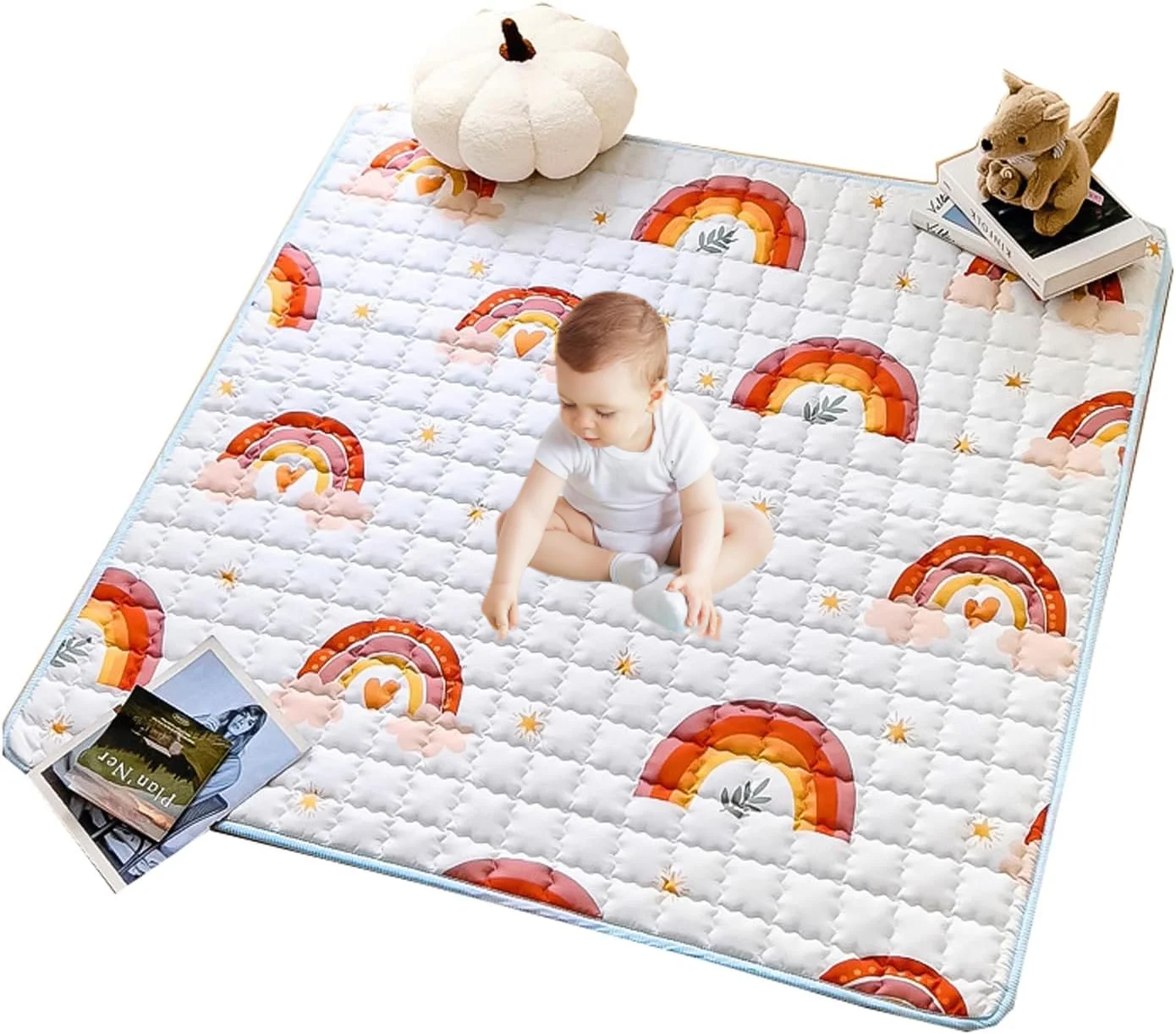 Rainbow Portable Baby Play Mat, 50 x 50 Inch Washable Foldable Crawling Mat, Non Slip Playmat for Babies, Kids Play Mats Pad for Floor Playpen Toddler Infants Tummy Time Activity
