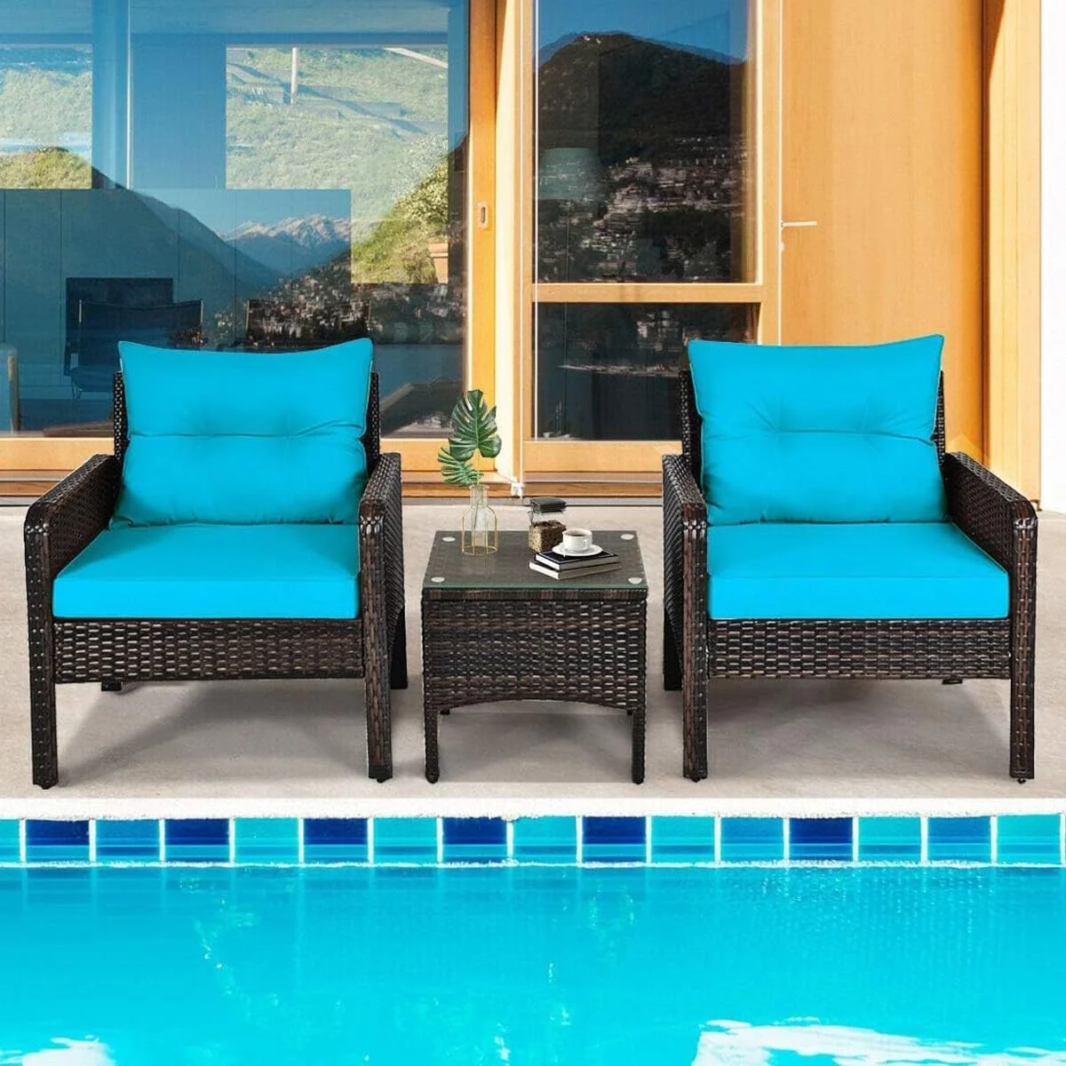 Patio Furniture Set, PE Rattan Wicker Outdoor Conversation Set w/Glass Top Coffee Table & Thick Cushions for Deck Porch Balcony Garden, Bistro Table and Chairs Set of 2 (Turquoise)