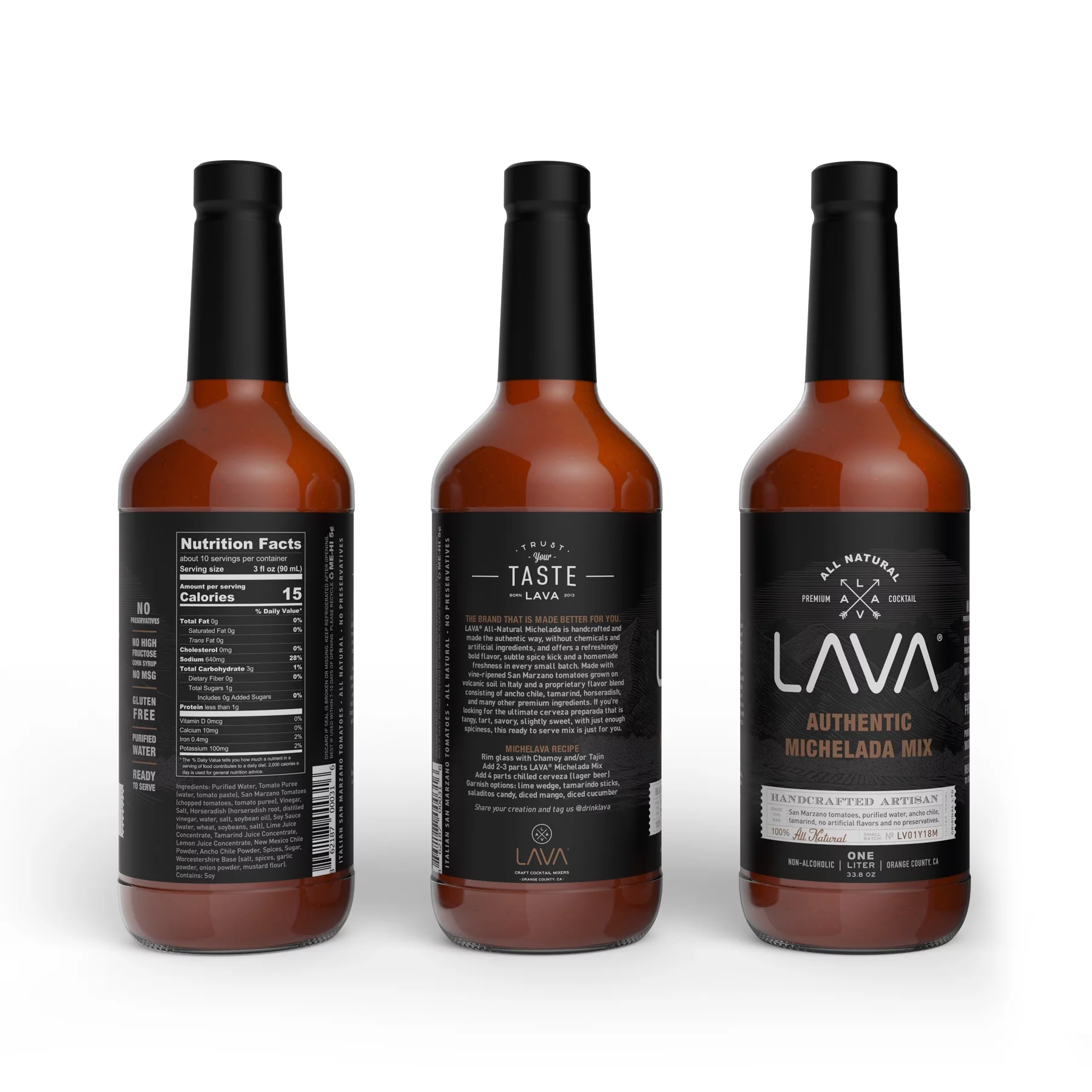 (3-Pack) LAVA All Natural Michelada Mix Craft Cocktail Mixer, Real Tomatoes, Ancho Chile Peppers, Tamarind, Keto Low Carb, Vegan, No Preservatives, Just Add Beer, (3) 1-Liter (33.8oz) Glass Bottles