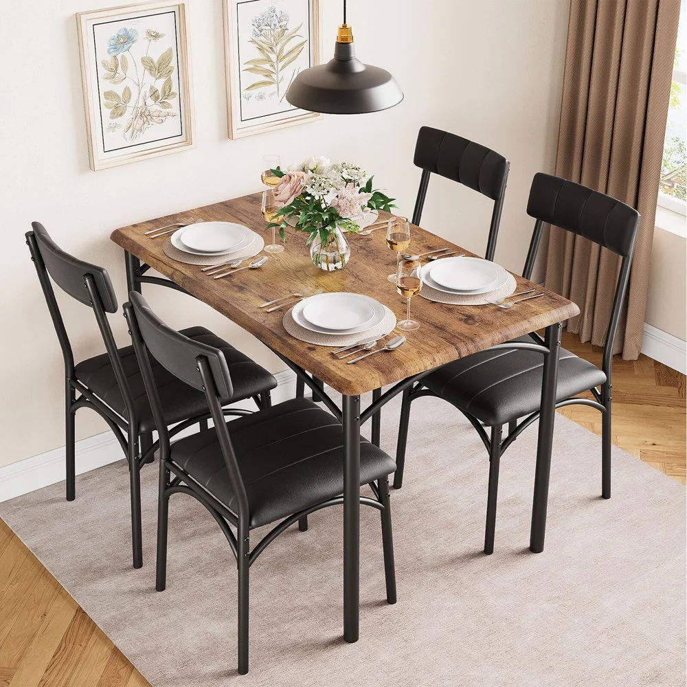 Room Table Sets for 4  5 Piece Metal and Wood Rectangular Breakfast Nook  Dinette with Upholstered Chairs  Retro-Brown