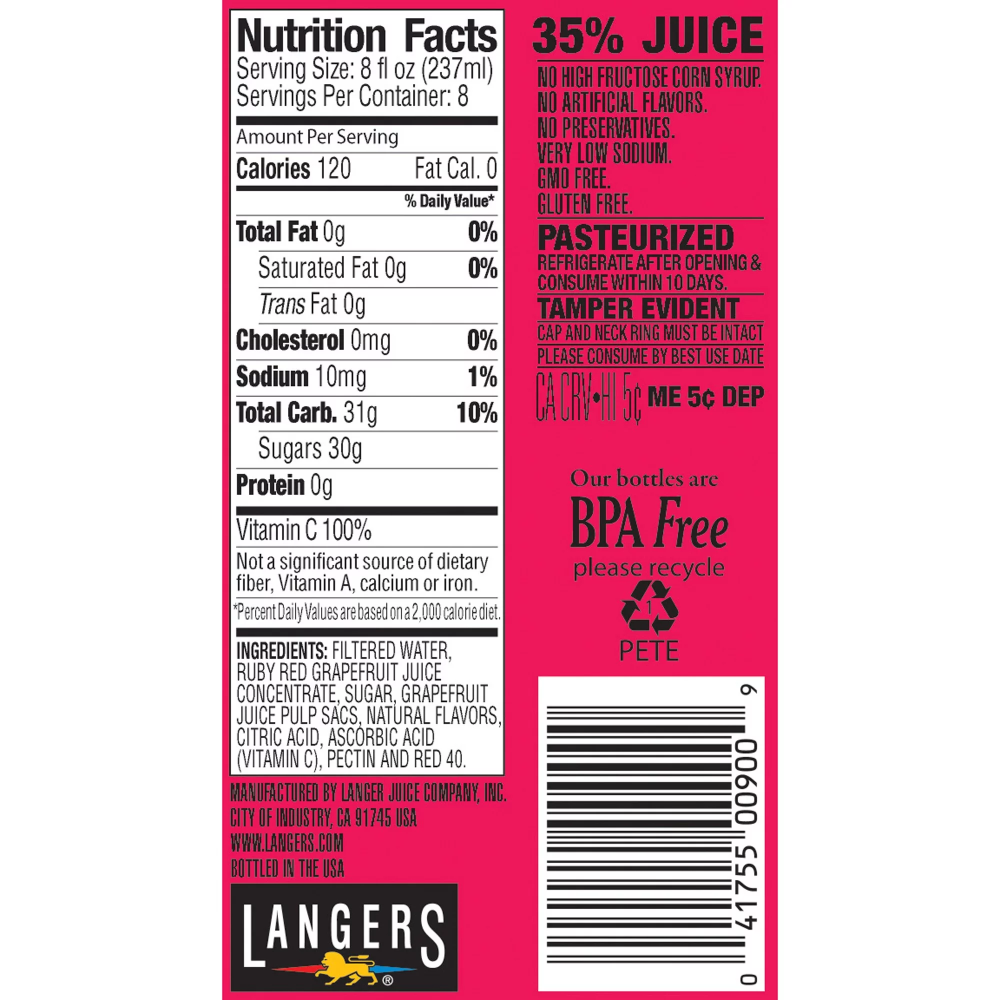 Langers Juice Cocktail, Ruby Red Grapefruit, 64 Fl Oz, 1 Count