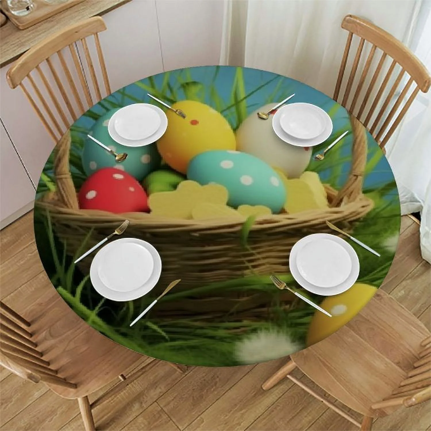 Ulloord  Easter Egg Round Fitted Tablecloth, Butterfly Elastic Edge Table Cover for Round Table, Waterproof Wipeable Table Cover