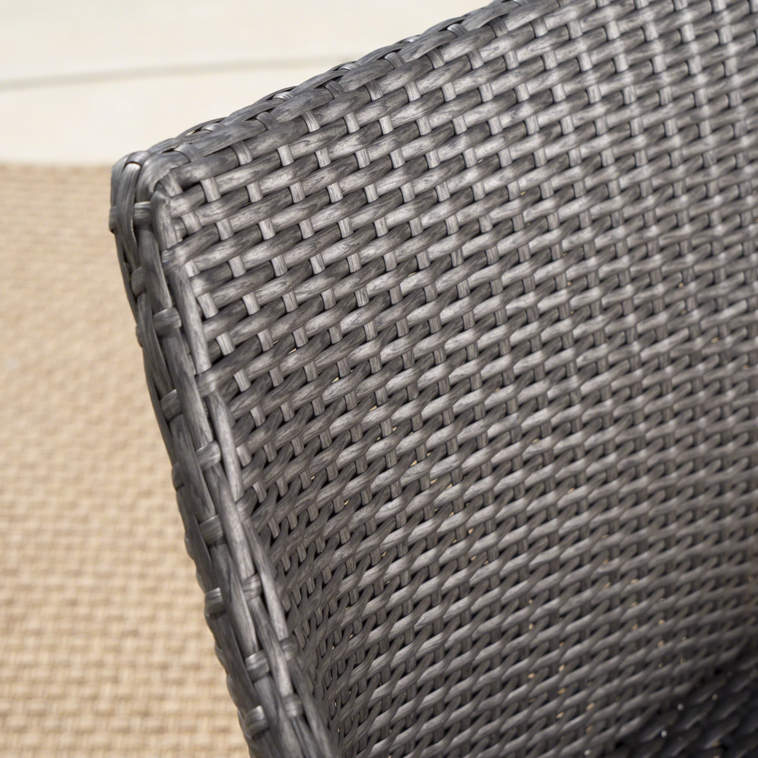 Christiano Outdoor 6 Piece Aluminum Dining Set with Bench and Wicker Stacking Chairs, Grey, Black