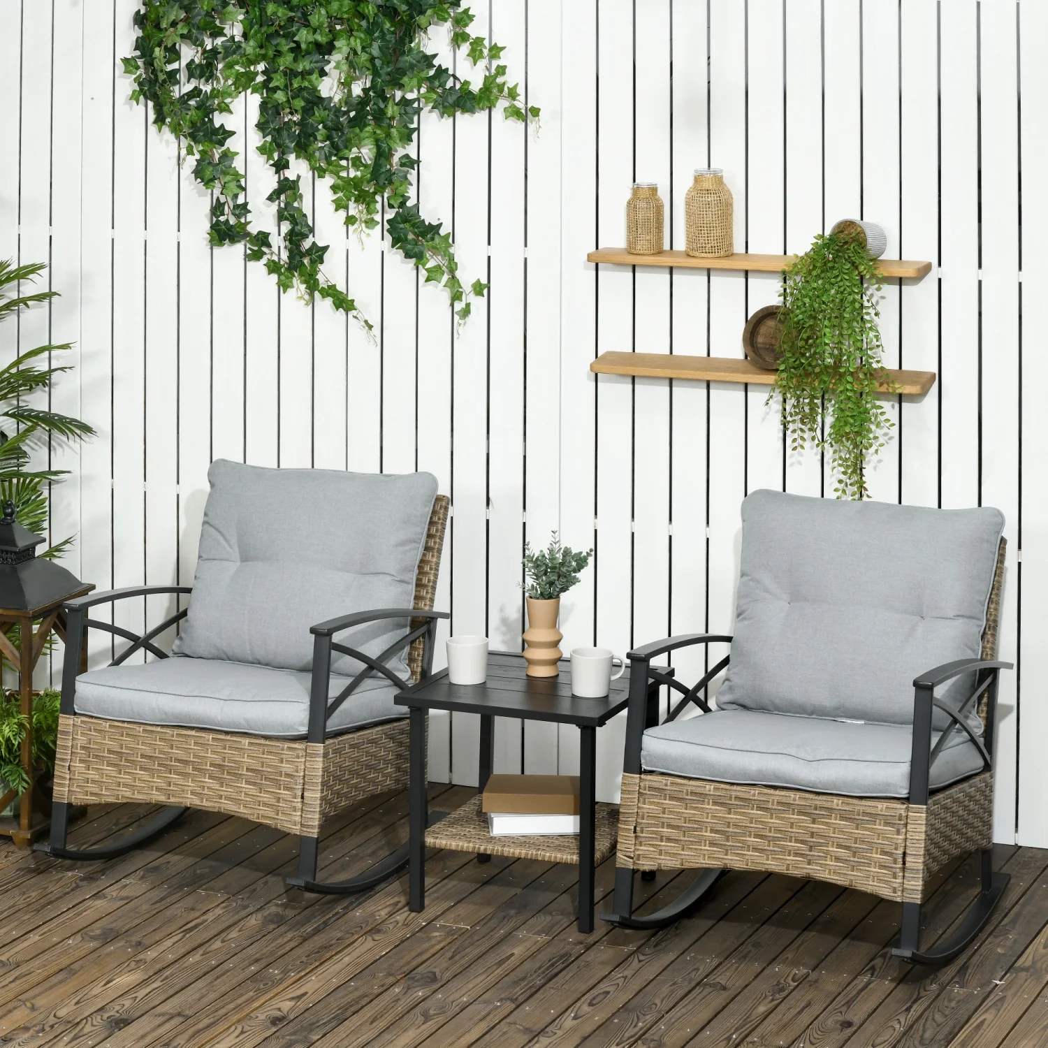 YLtoohoom 3 Piece Patio Rocking Chair Set  Outdoor Wicker  with 2 Cushioned Porch Rockers and 2 Tier Coffee  for Garden  Porch  Backyard  Light Gray