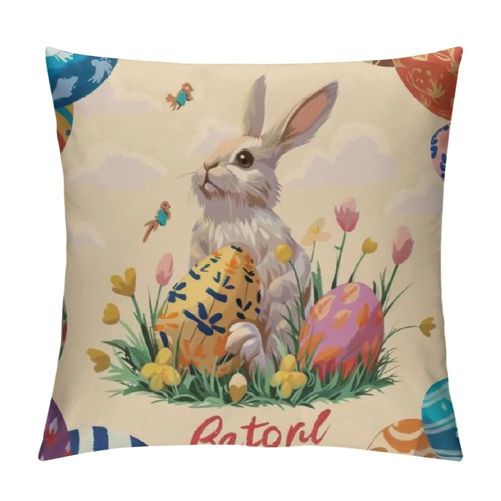 Cmefzd Happy Easter Pillow Covers,Cute Chicken Rabbits with Eggs Print Pillow Case Cushion Case, Flowers Carrots Nest Decorative Throw Pillow Cases, Holiday Easter Gift for Sofa, Chair, Bed White