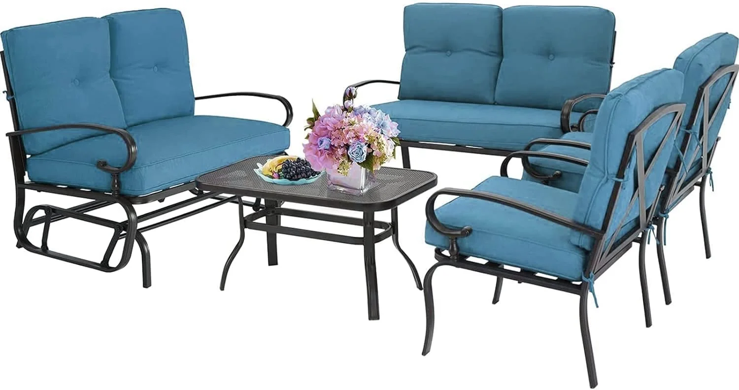 Dina Metal Outdoor Furniture Set 5Pcs (6 Seats) Wrought Iron Patio Conversation Sets (Glider Chair  Loveseat  Coffee Table  2 Chairs) with Peacock Blue Cushion