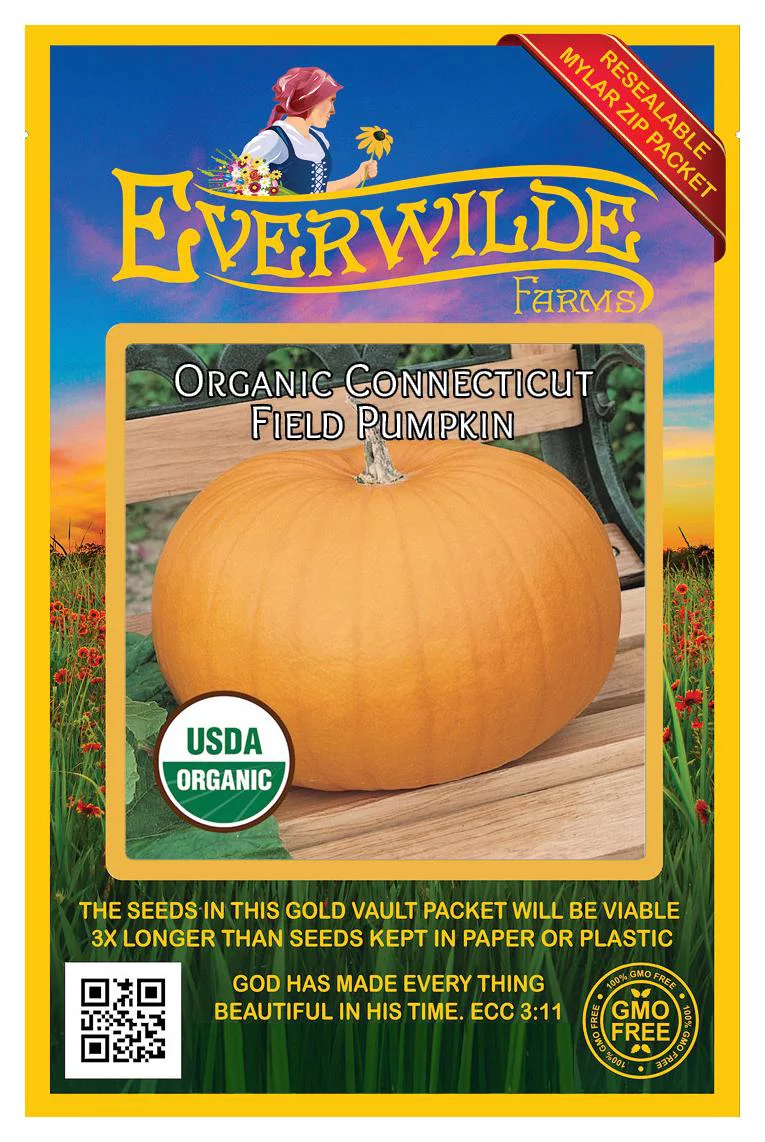 Everwilde Farms - 10 Organic Connecticut Field Pumpkin Seeds - Gold Vault Jumbo Bulk Seed Packet