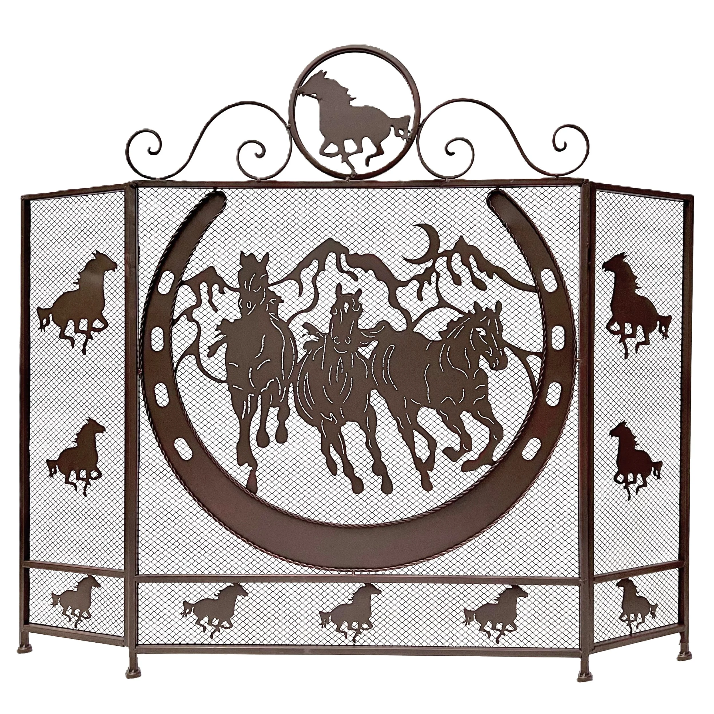 Rustic Metal Foldable Fireplace Screen with Horseshoe and Running Horses