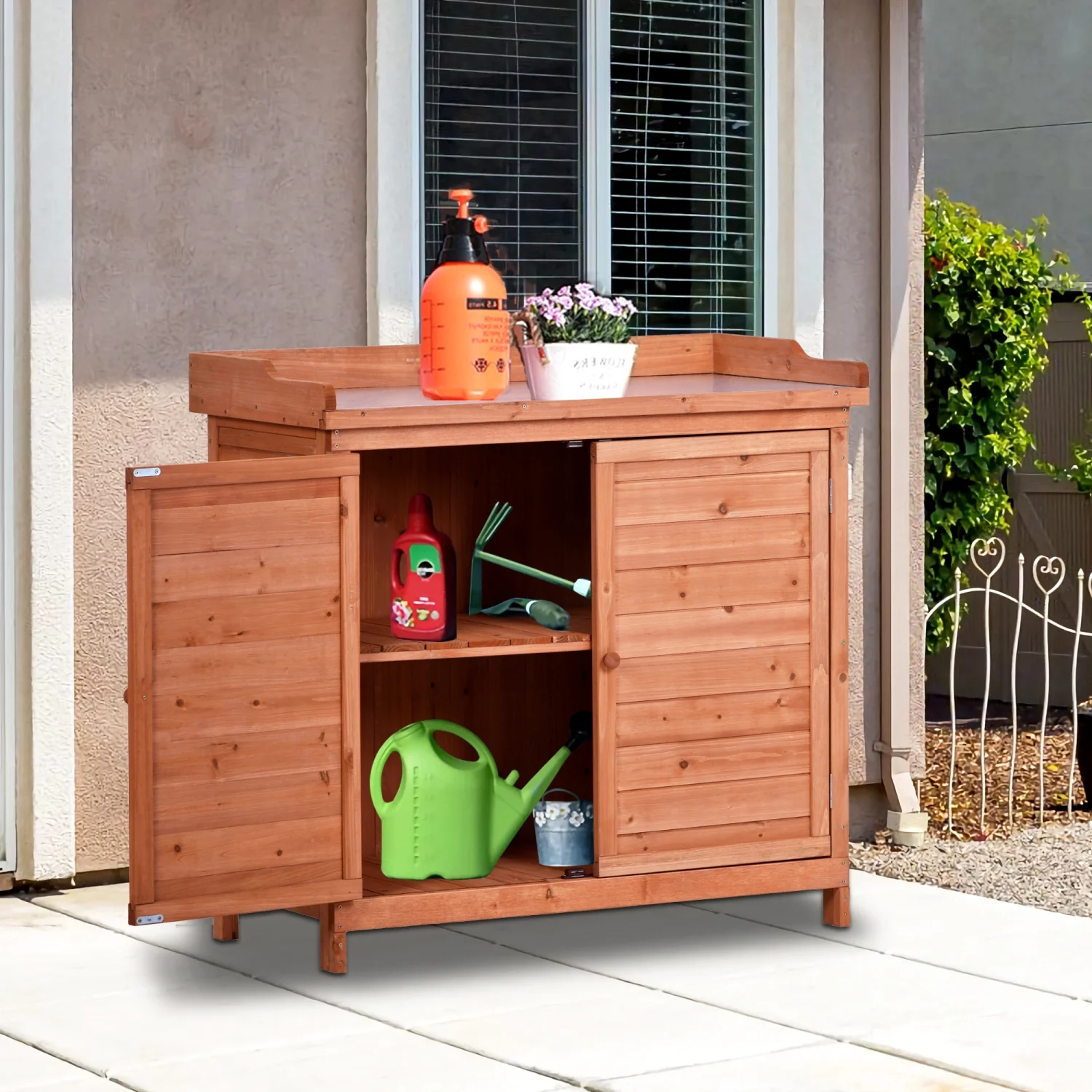 TOPMAX Rustic Orange Wooden Outdoor Potting Bench Table with 2-Tier Shelves and Side Hook for Stylish Garden Workstation Storage Cabinet in 39” Size
