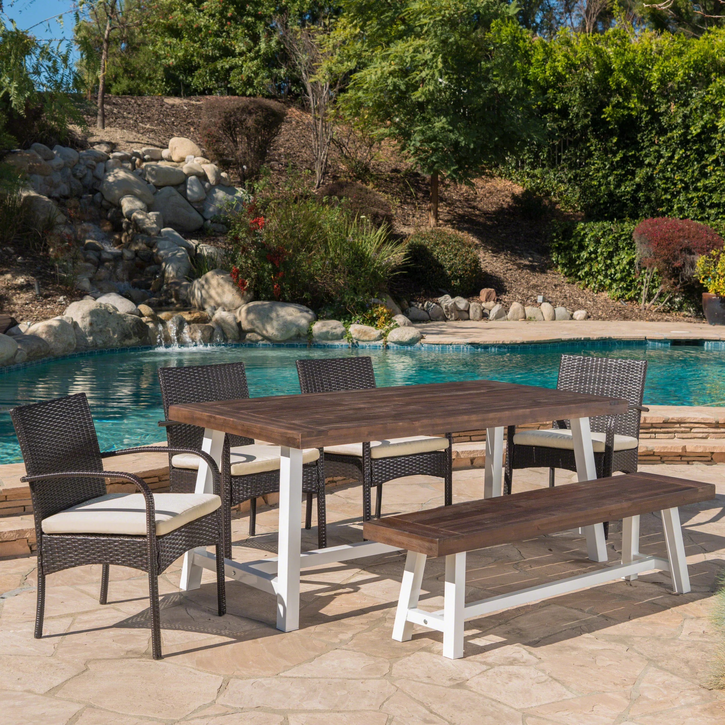 Raylan Outdoor 6 Piece Wicker and Acacia Wood Dining Set, Sandblast Dark Brown, White Rustic Metal, Multibrown, Cr?me