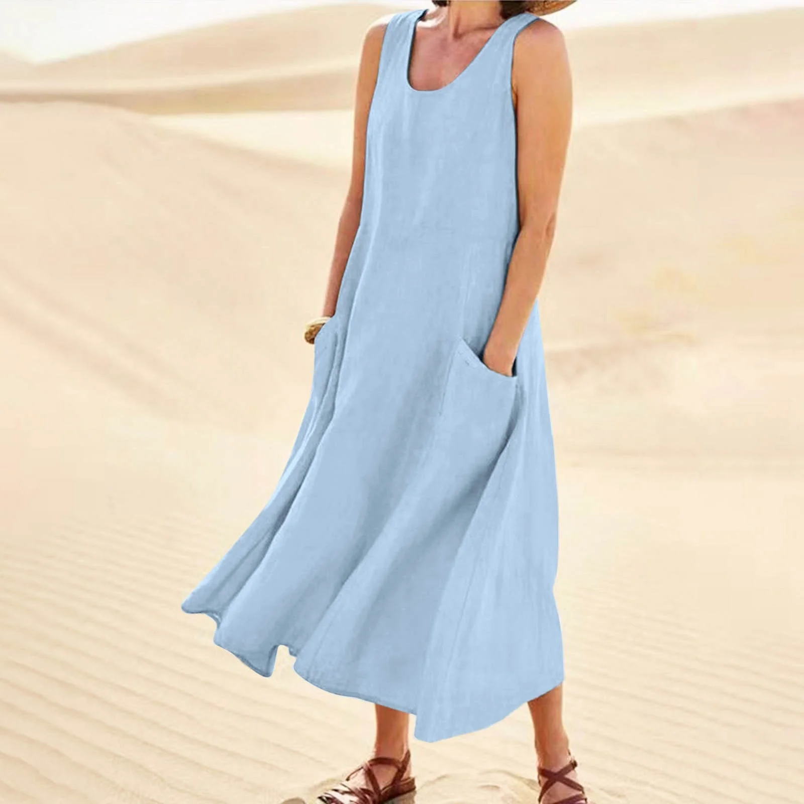 Summer Mini Skirt Womens Solid Color Round Neck Pockets Casual Long Dress Daily Tank Dress Skirt With Shorts Underneath Kids
