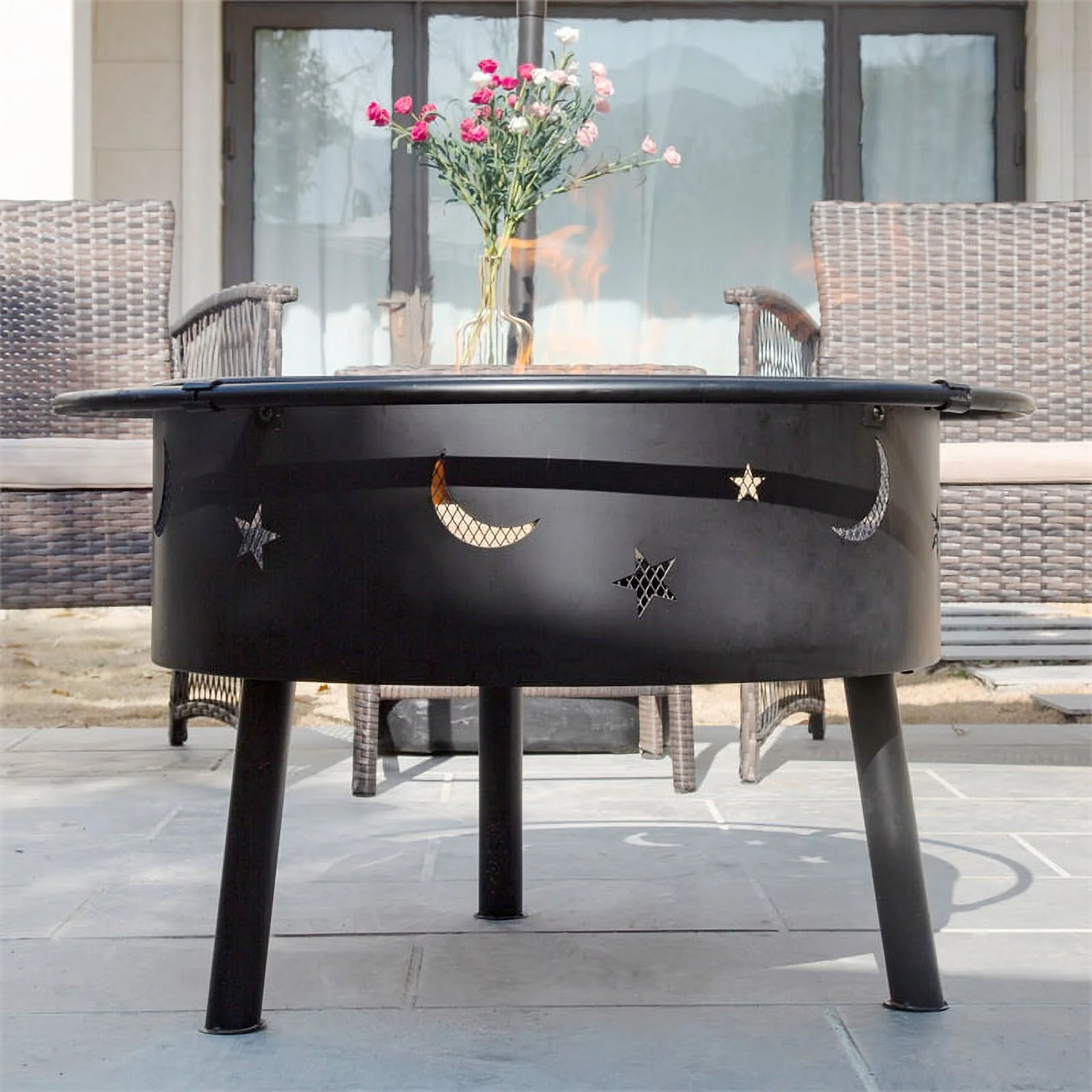 Hampton Star and Moon Steel Wood Burning Fire Pit in Black
