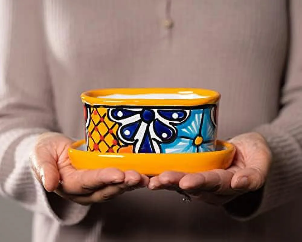 Mexican  Ceramic Succulent Mini Flower Planter Cactus Bonsai W/Drainage  Drip Dish Home Garden Office Desk Décor Gift Set (Marigold)