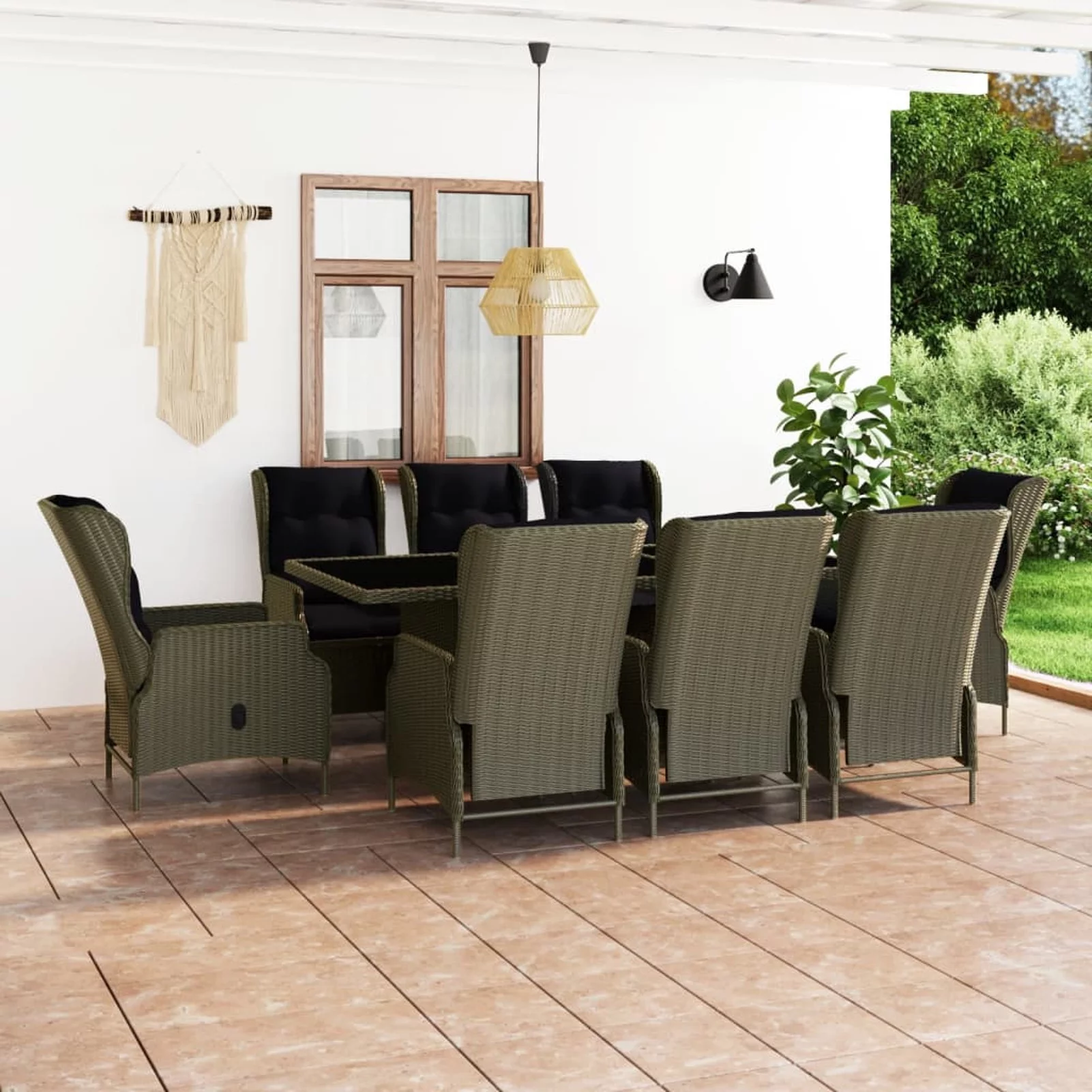 Dcenta 9 Piece Patio Dining Set Poly Rattan Brown Tempered Glass Tabletop Table and 8 Chairs with Cushions for Garden, Terrace,  Furniture
