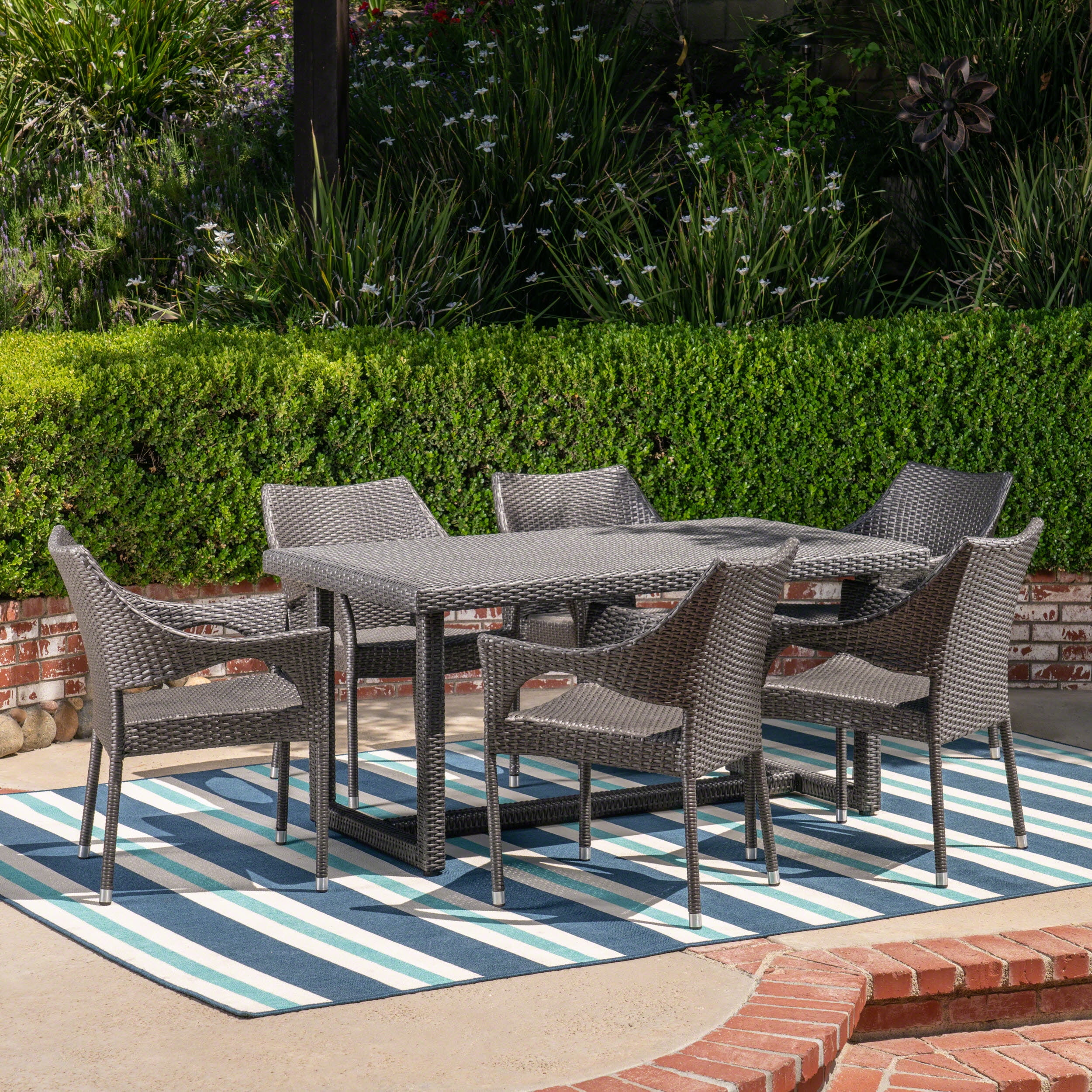 Noble House Abbott 7 Piece Wicker Patio Dining Set in Gray