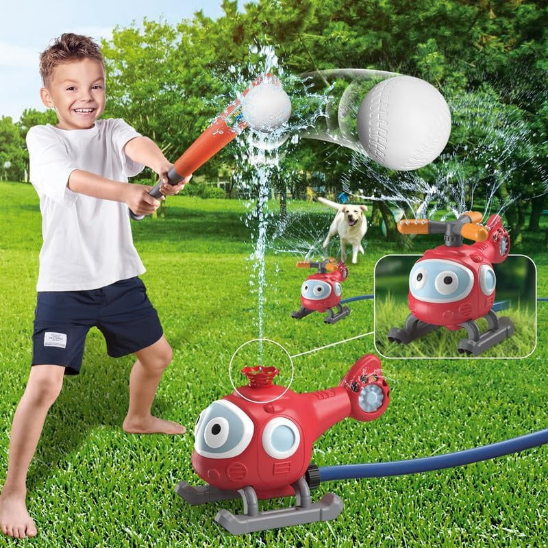Helicopter Sprinkler Baseball Playset for Kids, Outdoor Water Spray Toy for Boys Girls - Summer Spinning Airplane Sprinklers Toy for Backyard Lawn Garden - Hose Connector Included