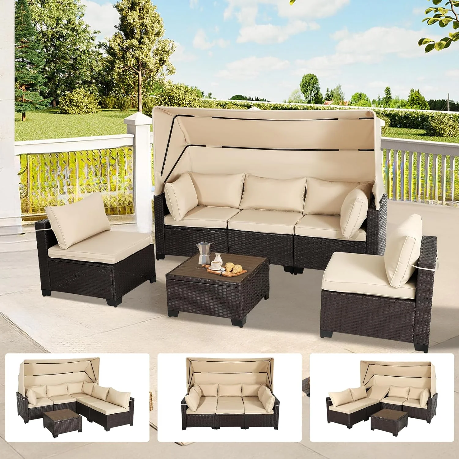 Dina 6 Piece Patio Furniture Sets with Adjustable Canopy and Backrest  Outdoor Sectional Rattan Sofa  Manual Weaving Wicker Patio Conversation Set with Table and Cushion (White)