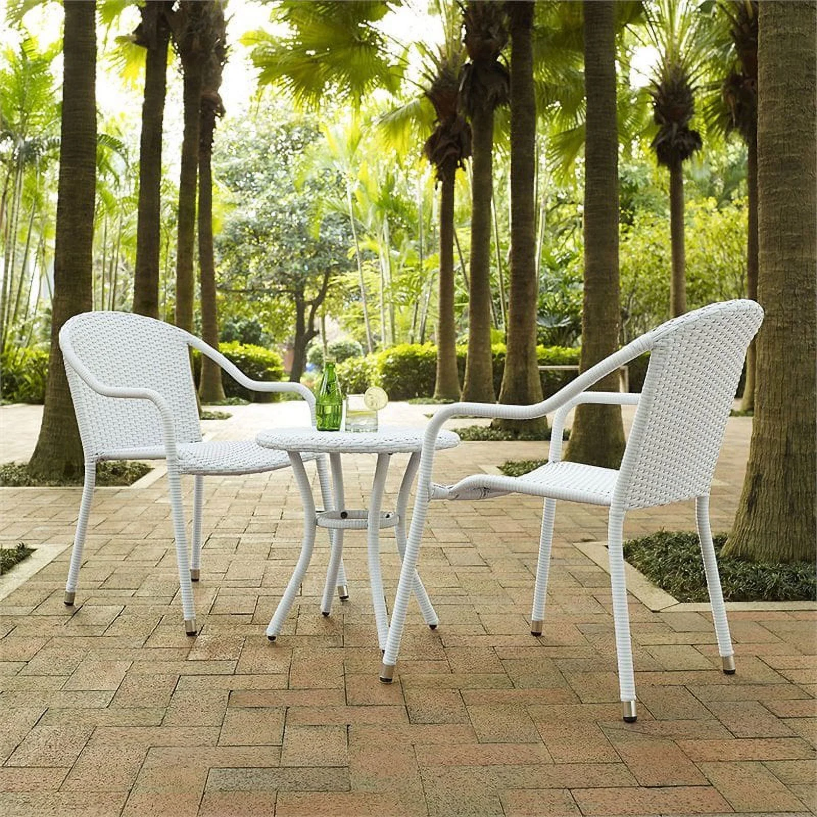 Bowery Hill 3 Piece Coastal Wicker / Rattan Patio Conversation Set in White