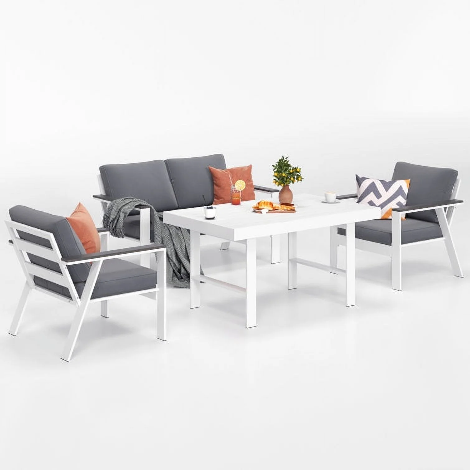 CozyHom 5pcs Aluminum Sofa Furniture Sets, Modern Metal Sectional Conversation Sofa Chairs Sets Patio Sofa Seating Group With Cushions, White