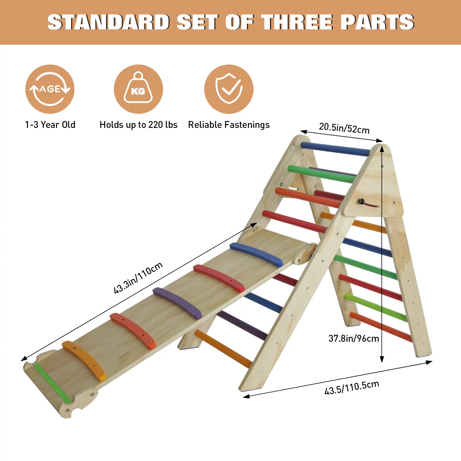 Fionafurn 2-in-1 Wooden Climbing Toy,Reversible Slide, Triangle Indoor Gym Playground Playset, Colorful