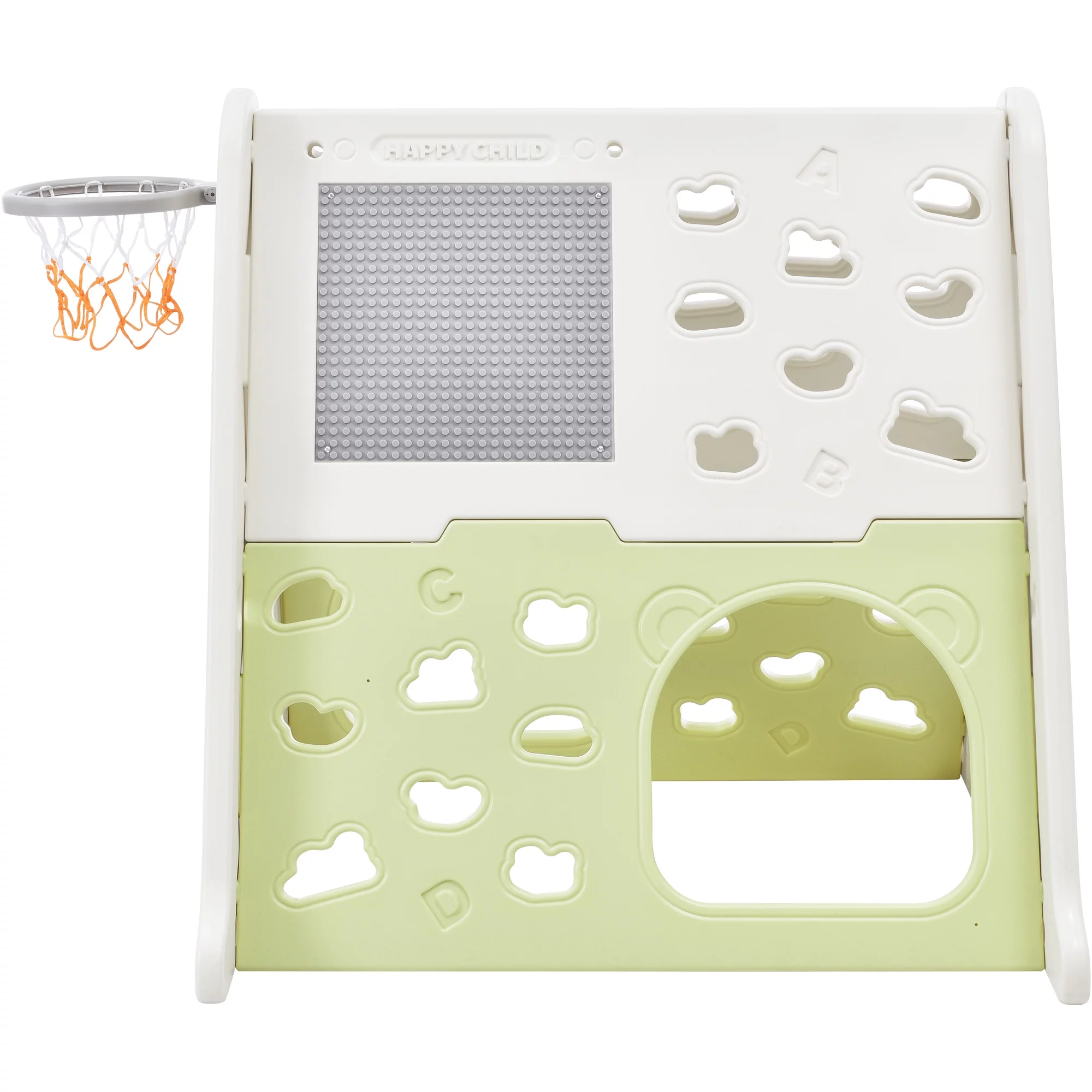 5-in-1 Toddler Climber Basketball Hoop Set Kids Playground Climber Playset with Tunnel, Climber, Whiteboard,Toy Building Block Baseplates, Combination for Babies