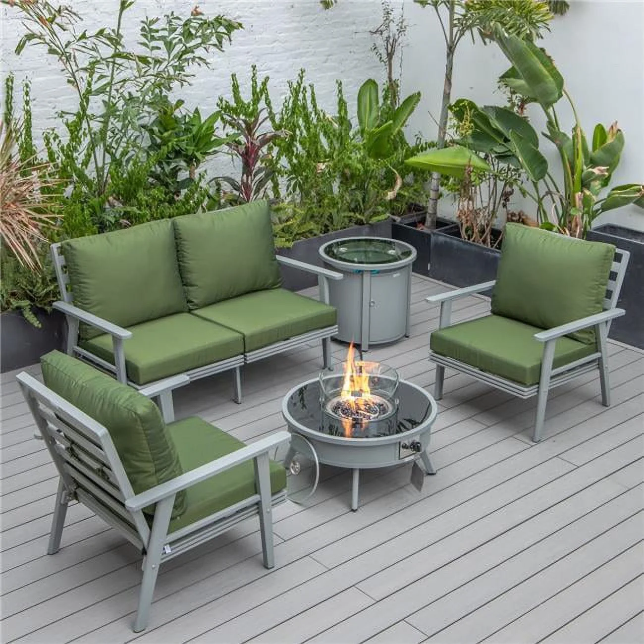 Walbrooke Modern Gray Patio Conversation with Round Fire Pit & Tank Holder, Green