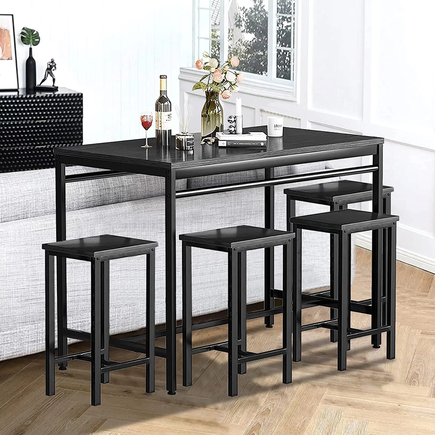 FDIGLUL Dining Room  Set with 4 Stools   Kitchen  and Chairs Set for 4  5 Pieces Dinette  Set  Counter Height Dining Sets with High Tabletop for Breakfast Nook  Pubs