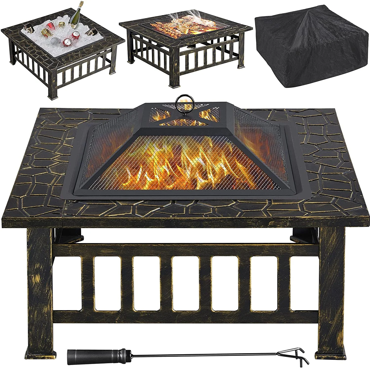 32in Outdoor Fire Pit: Bronze Fireplace for Bonfire, Patio BBQ, Camping - Spark Screen, Mesh Cover, Poker