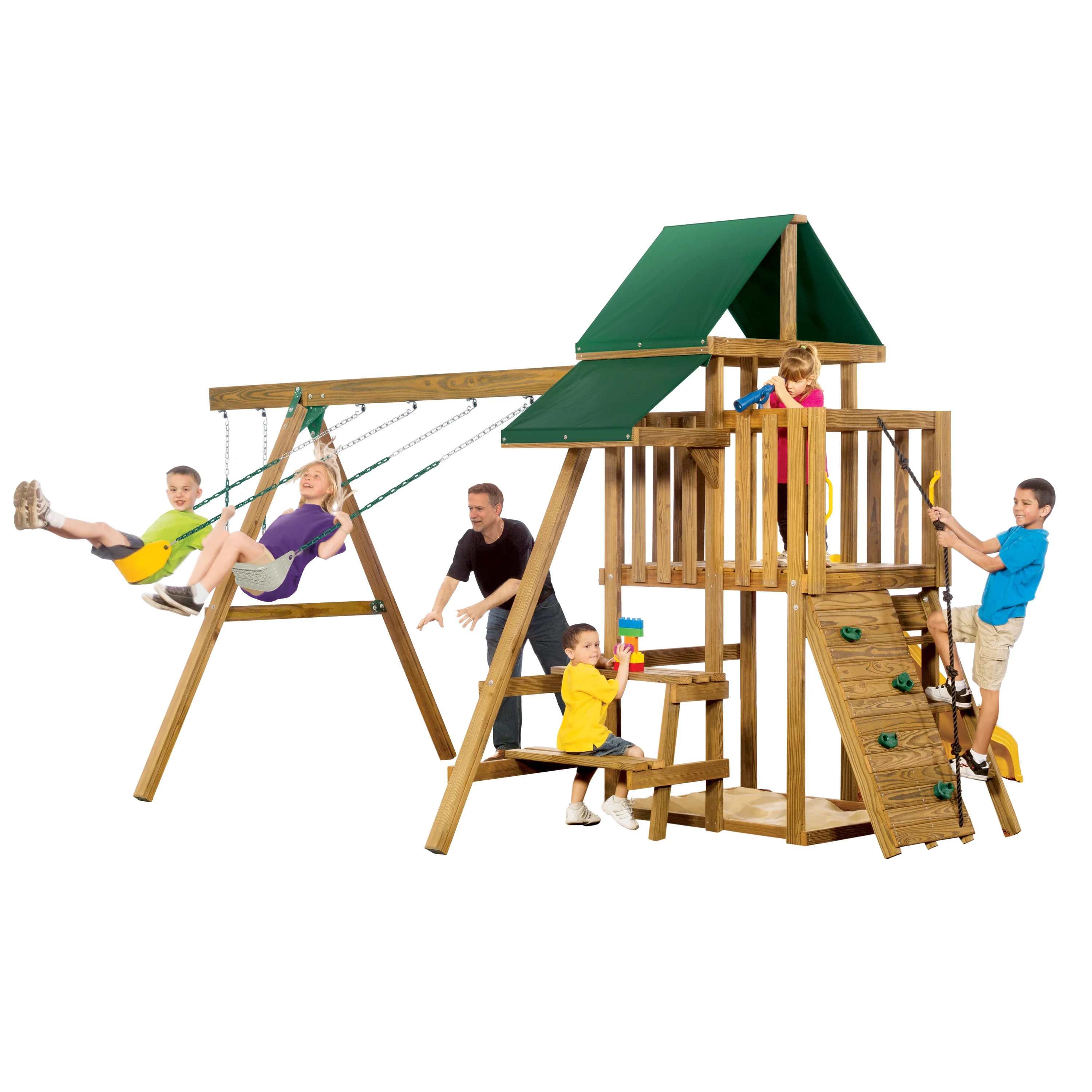 PLAYSTAR VARSITY STARTER SWINGSET (A). INCLUDES SLIDE, ROCK CLIMBING WALL, 2 SWINGS, GYM RINGS, TELESCOPE, & PICNIC TABLE AREA. 9 ACTIVITIES 15X13X10 FT