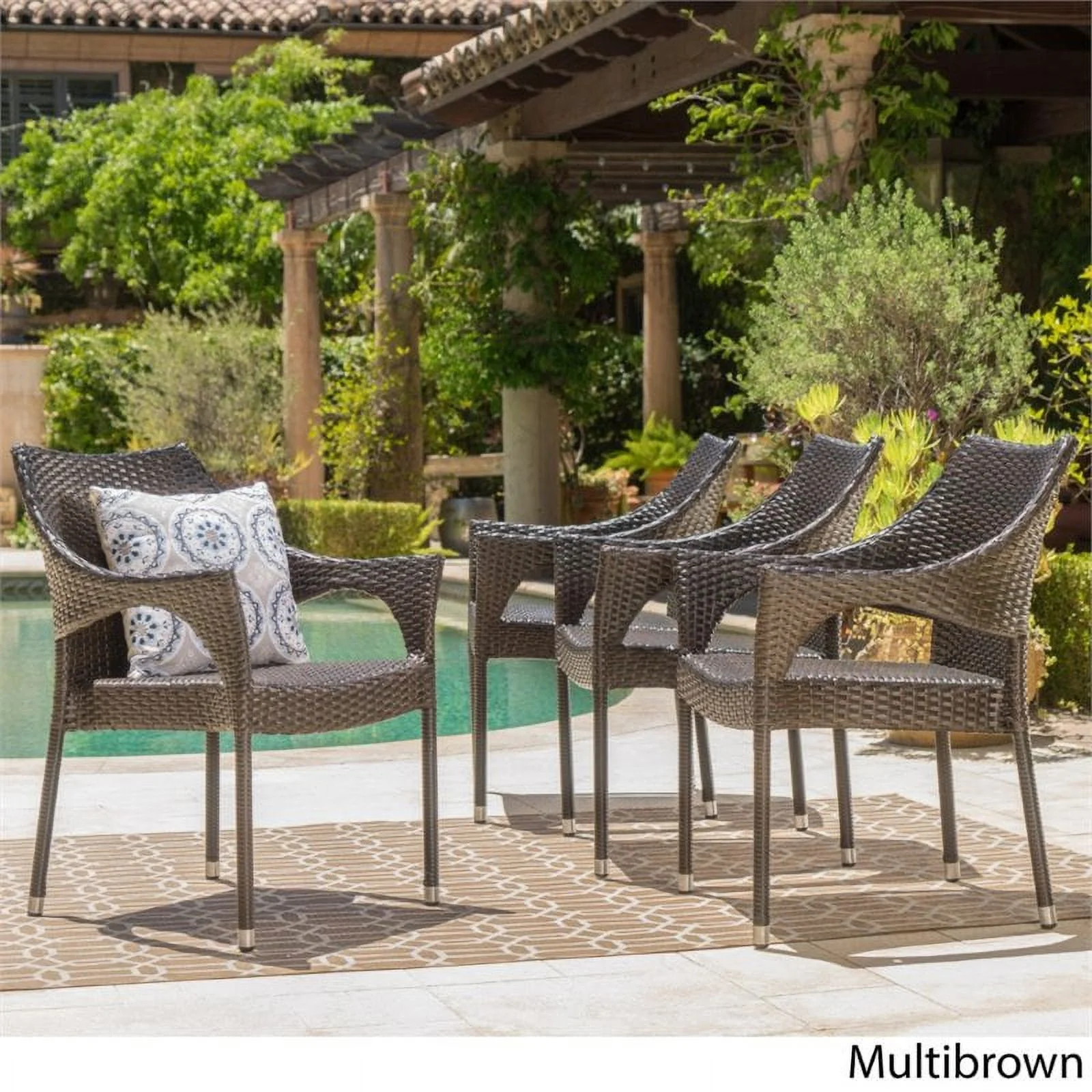 Noble House Mirage Wicker Stacking Patio Dining Arm Chair in Mocha (Set of 4)