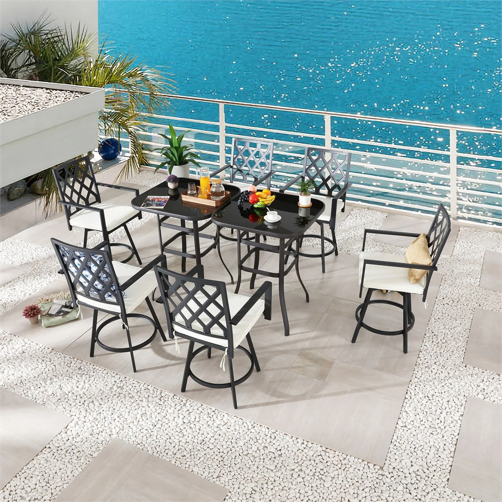 Patio Festival Metal 8-Piece Outdoor Dining Set in Black and Beige Finish
