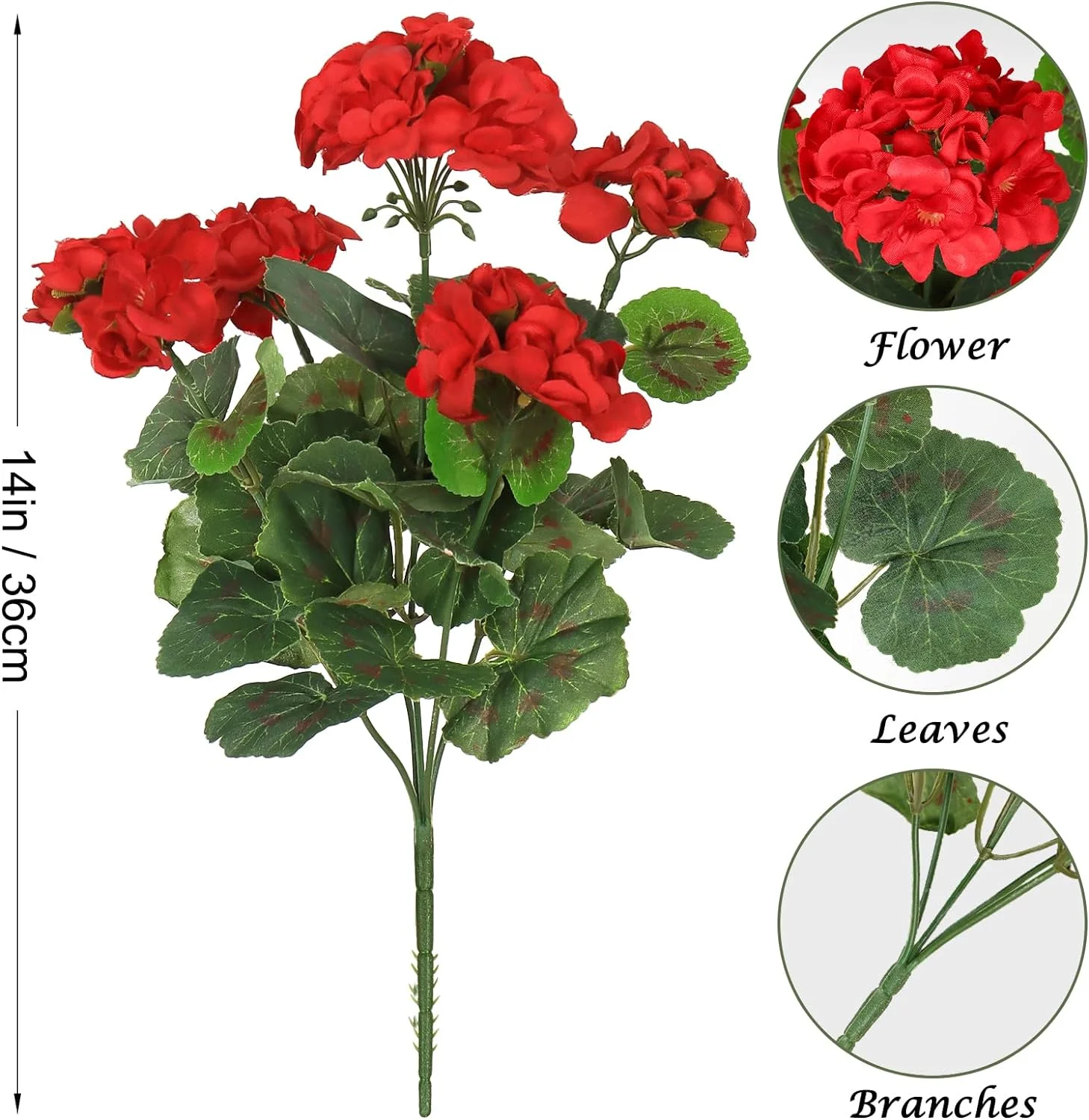 Zukuco Artificial Flowers for Outdoors, 4 Pack Geraniums Silk Flowers UV Resistant No Fade Faux Flowers Geraniums Bush for Home Outdoor Garden Porch Window Vase Wedding Decor (Red)