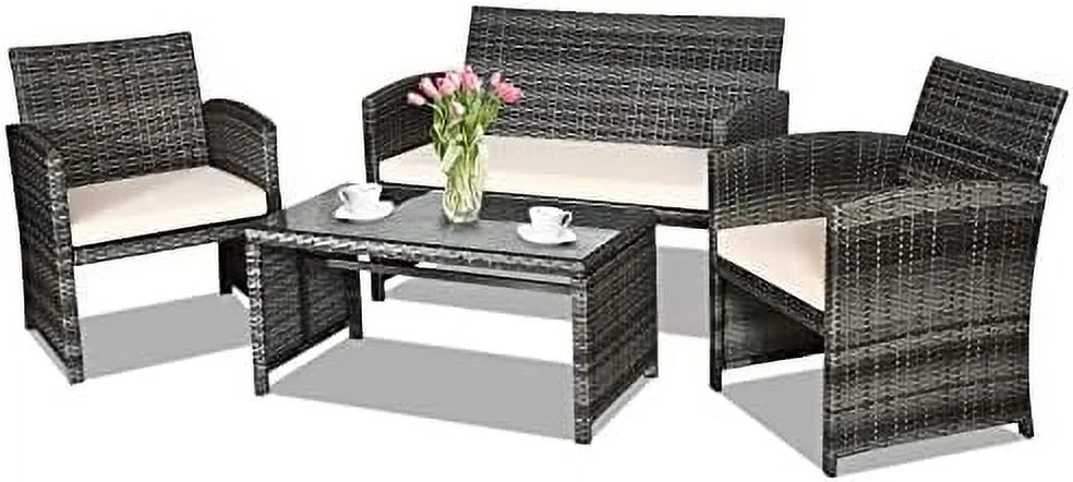 4-Piece Rattan Patio  Set  Outdoor Wicker Conversation Sofa with Weather Resistant Cushions and Tempered Glass Tabletop for Lawn Backyard Pool Garden (White(Black Wicker))