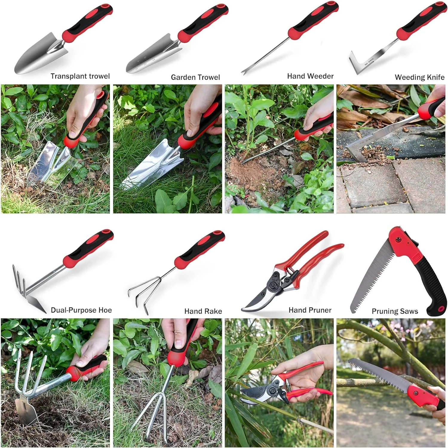 Red Gardening Tools, 9 Piece Stainless Steel Heavy Duty Garden Tools, Red Gardening Hand Tools with Non-Slip Ergonomic Handle, Garden Tote Bag, Gardening kit, Gardening Gifts for Women and Men