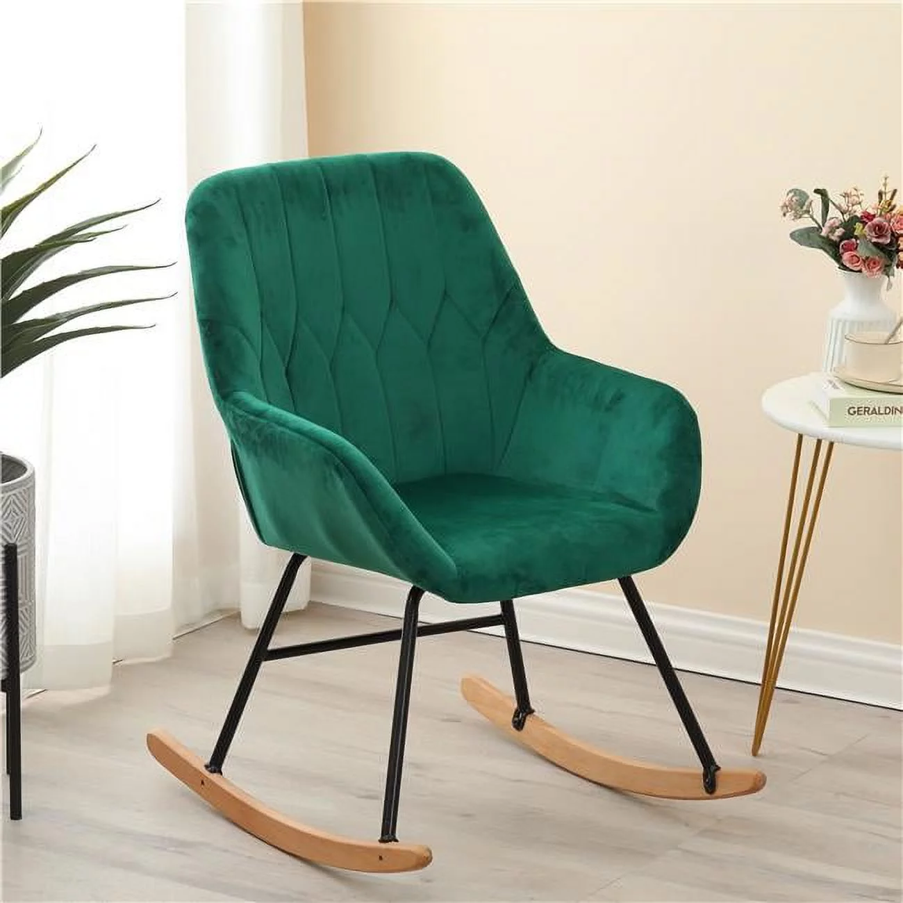 LuxenHome Upholstered Green Velvet Rocker