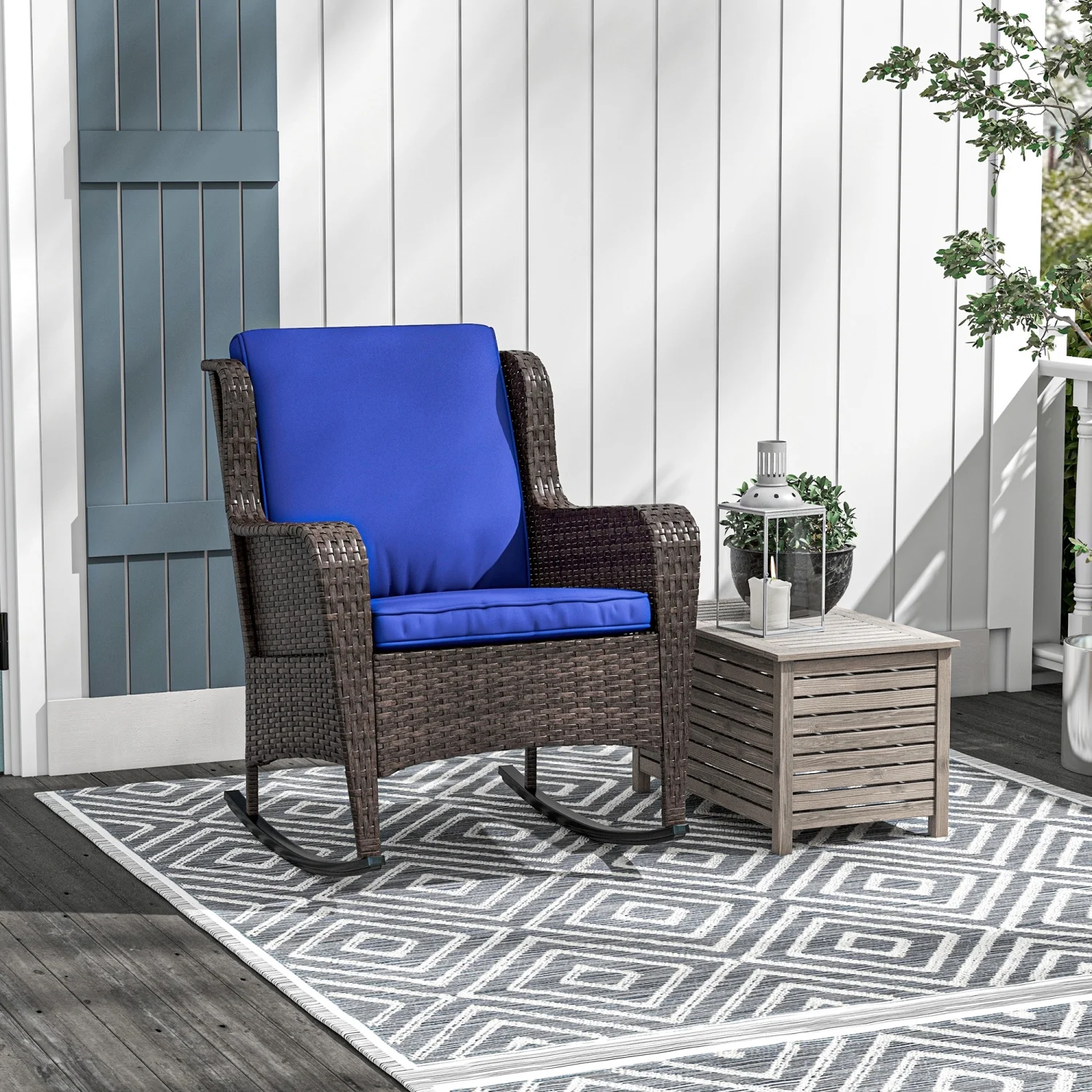 DremFaryoyo Outdoor Wicker Rocking Chair with Wide Seat  Thick Cushions  Rattan Rocker with Steel Frame  High Weight Capacity for Patio  Garden  Backyard  Dark Blue